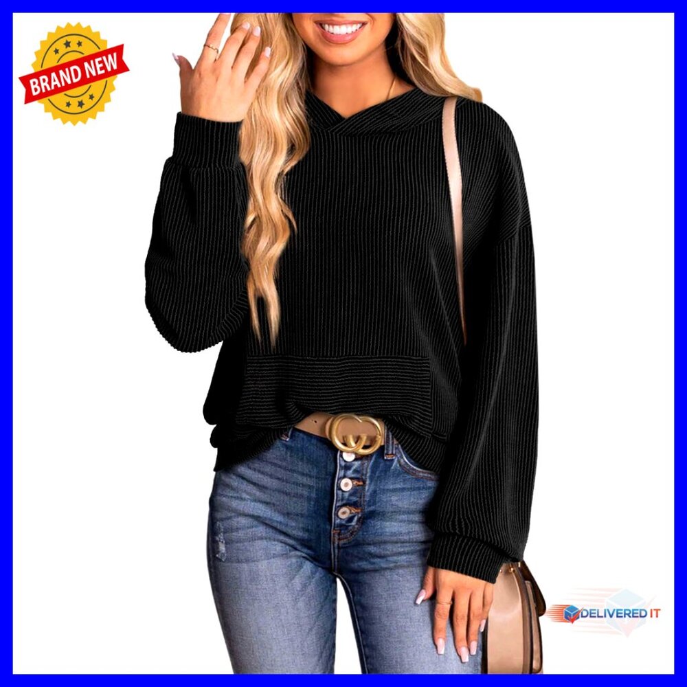 Oversized Ribbed Knit Hoodie Casual Pullover Sweatshirt Y2k Chic Minimal